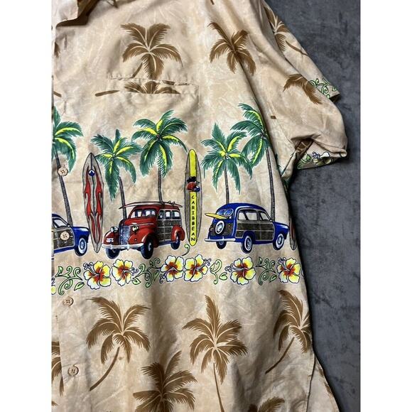 Rima Hawaiian Button Up Shirt XXL Aloha Surfing Palm Tree Bus Tan Top Vintage - Picture 2 of 4